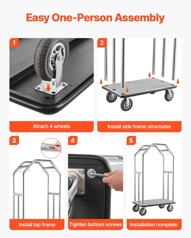 Alt view image 7 of 8 - VEVOR Hotel Luggage Cart, 1500 lbs Heavy Duty Bellman Cart with Stainless Steel Frame, 8 in Rubber Wheels, Gray Carpeted Deck, Commercial Luggage Carrier Rolling Trolley for Hotels,Resorts,Silver