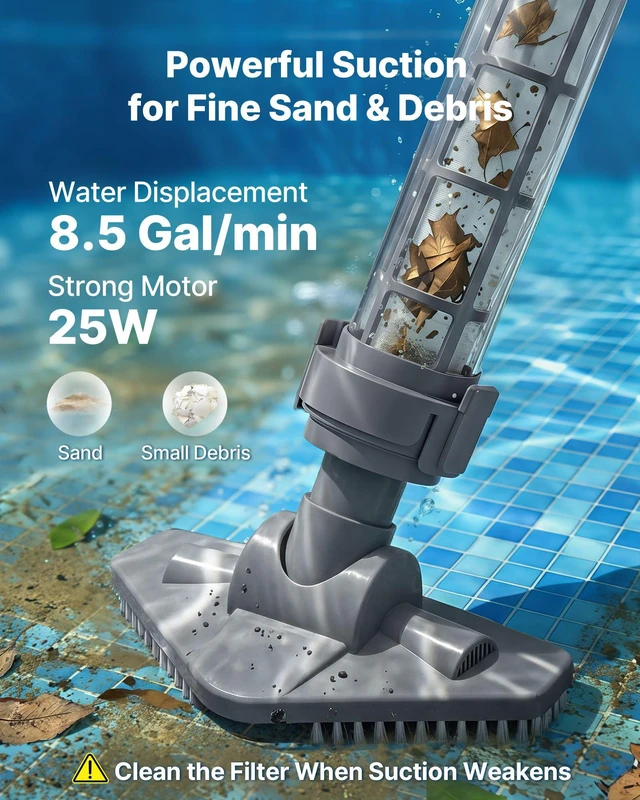 Alt view image 2 of 8 - VEVOR Handheld Pool Vacuum, 8.5 GPM Cordless Spa Hot Tub Vacuum with Extension Pole and 2 Brush Heads, 60 Mins Running Time, for Small Debris, Sand, Rechargeable Pool Cleaner for Above Ground Pools