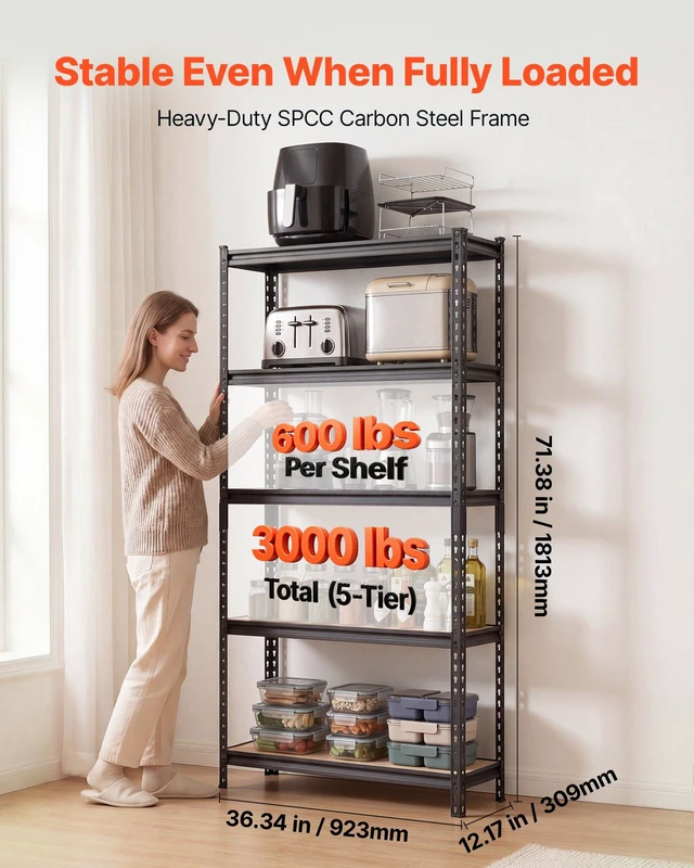Alt view image 2 of 8 - VEVOR Storage Shelves, 5-Tier Adjustable, 3000 lbs Capacity, Heavy Duty Garage Storage Shelving Unit, Metal Utility Rack Shelf, for Kitchen Pantry Basement Bathroom, 36.34" W x 12.17" D x 71.38" H