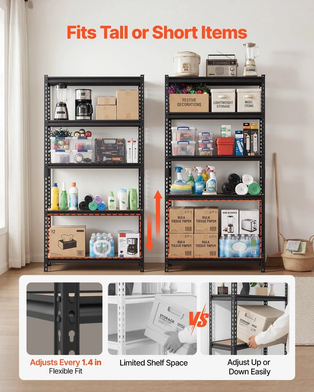 Alt view image 3 of 8 - VEVOR Storage Shelves, 5-Tier Adjustable, 3000 lbs Capacity, Heavy Duty Garage Storage Shelving Unit, Metal Utility Rack Shelf, for Kitchen Pantry Basement Bathroom, 36.34" W x 12.17" D x 71.38" H