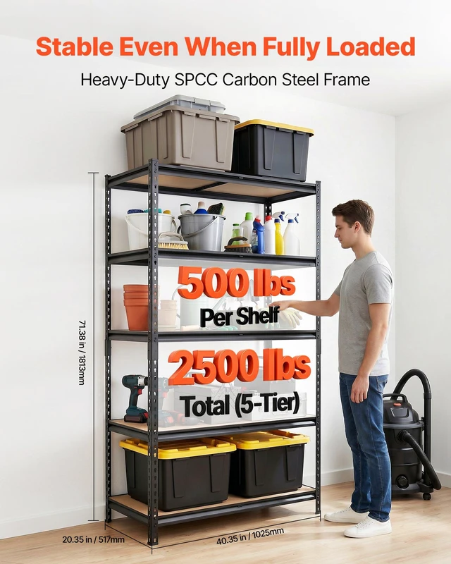Alt view image 2 of 8 - VEVOR Storage Shelves, 5-Tier Adjustable, 2500 lbs Capacity, Heavy Duty Garage Storage Shelving Unit, Metal Utility Rack Shelf, for Garage Warehouse Basement Kitchen, 40.35" W x 20.35" D x 71.38" H