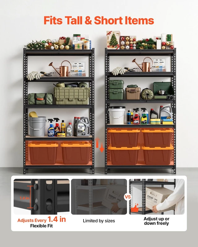 Alt view image 3 of 8 - VEVOR Storage Shelves, 5-Tier Adjustable, 2500 lbs Capacity, Heavy Duty Garage Storage Shelving Unit, Metal Utility Rack Shelf, for Garage Warehouse Basement Kitchen, 40.35" W x 20.35" D x 71.38" H