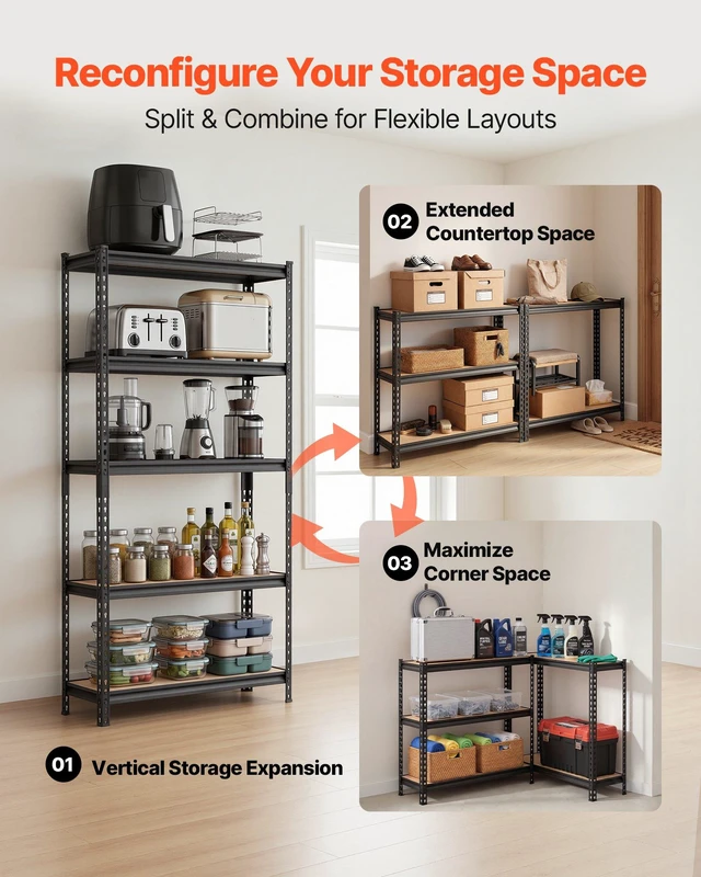 Alt view image 4 of 8 - VEVOR Storage Shelves, 5-Tier Adjustable, 3000 lbs Capacity, Heavy Duty Garage Storage Shelving Unit, Metal Utility Rack Shelf, for Kitchen Pantry Basement Bathroom, 36.34" W x 12.17" D x 71.38" H
