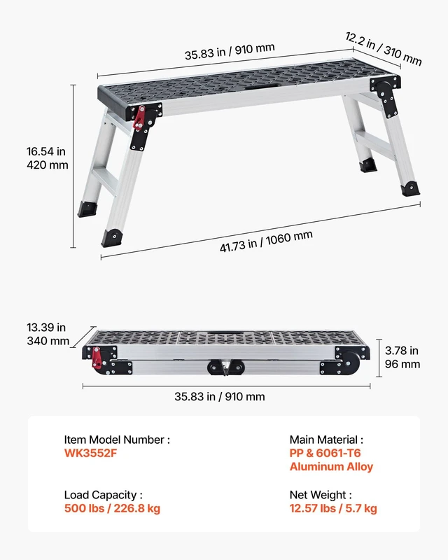 Alt view image 7 of 8 - VEVOR Folding Work Platform, 35.8 x 12.2 in Aluminum Step Stool, 16.5 in Height, 500 lbs Load Capacity, Heavy Duty Platform Ladder with Locks, Portable Work Bench for Painting & Maintenance & Home