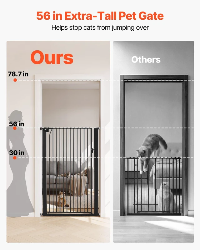 Alt view image 2 of 8 - VEVOR Extra Tall Pet Gate for Cats, 29-41 in Adjustable Width, 56 in High Dog Gate, with Pressure Mount Kit and Wall Mount Kit, 1.3 in Narrow Bar Spacing, for Stairs, Doorways, and House, Black