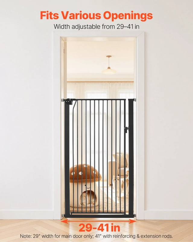 Alt view image 3 of 8 - VEVOR Extra Tall Pet Gate for Cats, 29-41 in Adjustable Width, 56 in High Dog Gate, with Pressure Mount Kit and Wall Mount Kit, 1.3 in Narrow Bar Spacing, for Stairs, Doorways, and House, Black