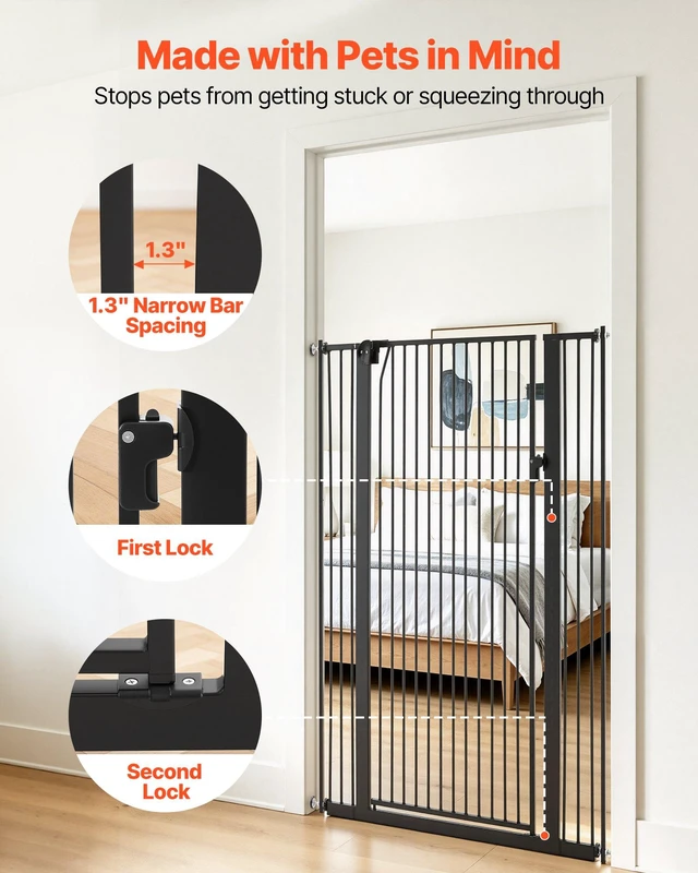 Alt view image 4 of 8 - VEVOR Extra Tall Pet Gate for Cats, 29-41 in Adjustable Width, 56 in High Dog Gate, with Pressure Mount Kit and Wall Mount Kit, 1.3 in Narrow Bar Spacing, for Stairs, Doorways, and House, Black