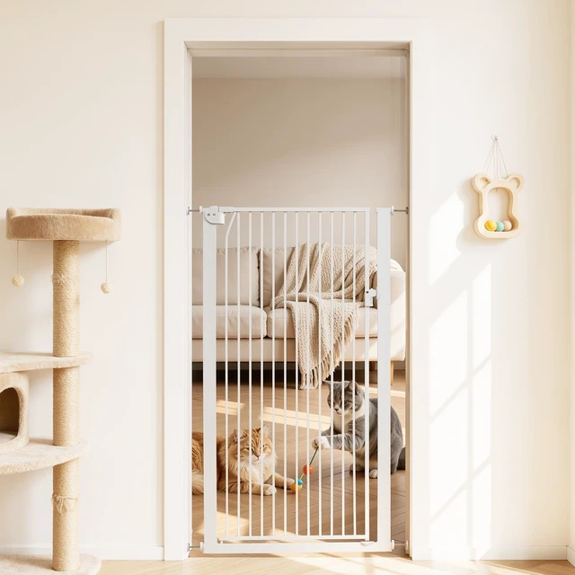 Main image of VEVOR Extra Tall Pet Gate for Cats, 29-41 in Adjustable Width, 56 in High Dog Gate, with Pressure Mount Kit and Wall Mount Kit, 1.3 in Narrow Bar Spacing, for Stairs, Doorways, and House, White