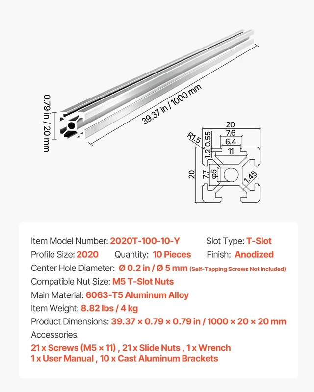 Alt view image 7 of 8 - VEVOR 10PCS 2020 Aluminum Extrusion Profile, 39.37 Inch 1000 mm, T Slot European Standard Anodized Linear Rail, High-Strength Extruded Aluminum Rail, for 3D Printer Parts and CNC DIY Workbench, Silver