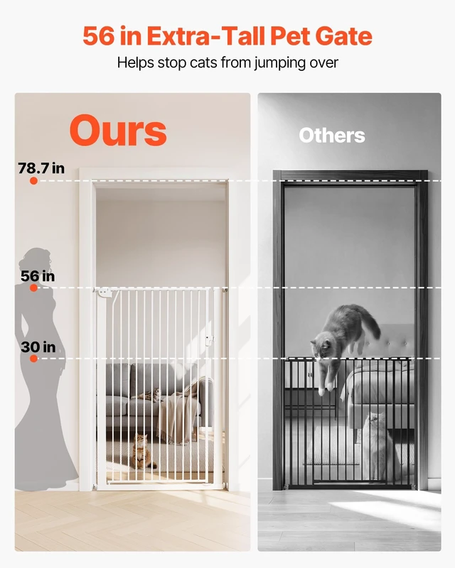 Alt view image 2 of 8 - VEVOR Extra Tall Pet Gate for Cats, 29-41 in Adjustable Width, 56 in High Dog Gate, with Pressure Mount Kit and Wall Mount Kit, 1.3 in Narrow Bar Spacing, for Stairs, Doorways, and House, White