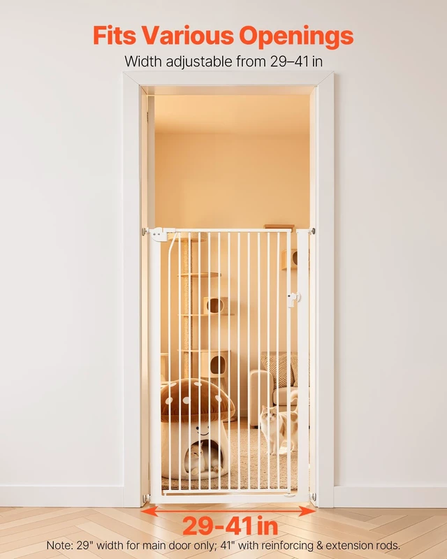 Alt view image 3 of 8 - VEVOR Extra Tall Pet Gate for Cats, 29-41 in Adjustable Width, 56 in High Dog Gate, with Pressure Mount Kit and Wall Mount Kit, 1.3 in Narrow Bar Spacing, for Stairs, Doorways, and House, White