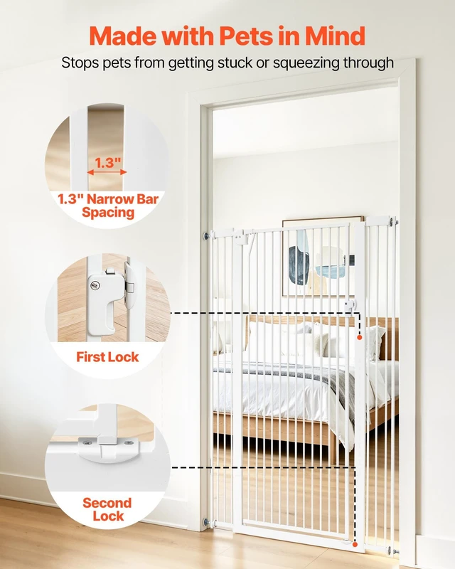 Alt view image 4 of 8 - VEVOR Extra Tall Pet Gate for Cats, 29-41 in Adjustable Width, 56 in High Dog Gate, with Pressure Mount Kit and Wall Mount Kit, 1.3 in Narrow Bar Spacing, for Stairs, Doorways, and House, White