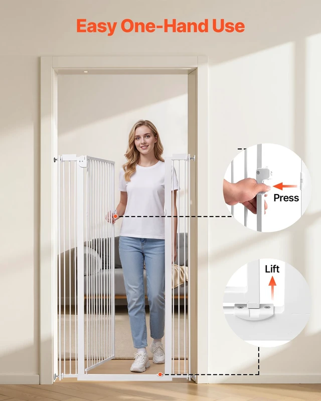 Alt view image 5 of 8 - VEVOR Extra Tall Pet Gate for Cats, 29-41 in Adjustable Width, 56 in High Dog Gate, with Pressure Mount Kit and Wall Mount Kit, 1.3 in Narrow Bar Spacing, for Stairs, Doorways, and House, White