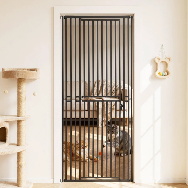 Main image of VEVOR Extra Tall Pet Gate for Cats, 28-34 in Adjustable Width, 78.7 in High Dog Gate, with Pressure Mount Kit and Wall Mount Kit, 1.2 in Narrow Bar Spacing, for Stairs, Doorways, and House, Black