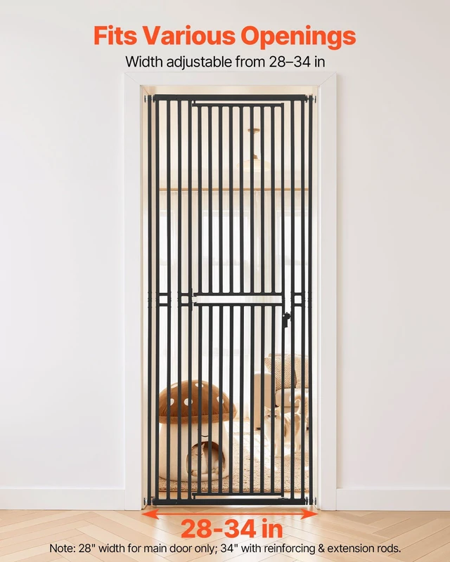 Alt view image 3 of 8 - VEVOR Extra Tall Pet Gate for Cats, 28-34 in Adjustable Width, 78.7 in High Dog Gate, with Pressure Mount Kit and Wall Mount Kit, 1.2 in Narrow Bar Spacing, for Stairs, Doorways, and House, Black