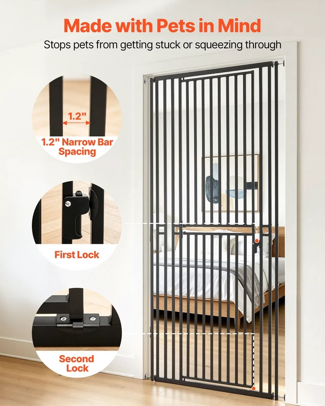 Alt view image 4 of 8 - VEVOR Extra Tall Pet Gate for Cats, 28-34 in Adjustable Width, 78.7 in High Dog Gate, with Pressure Mount Kit and Wall Mount Kit, 1.2 in Narrow Bar Spacing, for Stairs, Doorways, and House, Black