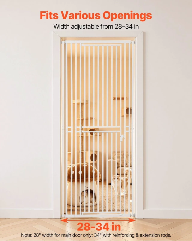 Alt view image 3 of 8 - VEVOR Extra Tall Pet Gate for Cats, 28-34 in Adjustable Width, 78.7 in High Dog Gate, with Pressure Mount Kit and Wall Mount Kit, 1.2 in Narrow Bar Spacing, for Stairs, Doorways, and House, White
