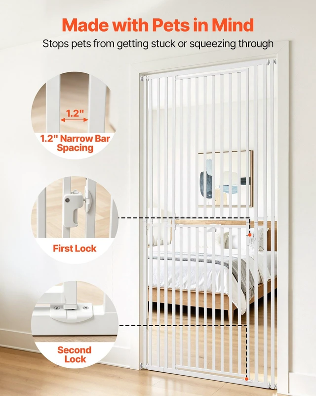 Alt view image 4 of 8 - VEVOR Extra Tall Pet Gate for Cats, 28-34 in Adjustable Width, 78.7 in High Dog Gate, with Pressure Mount Kit and Wall Mount Kit, 1.2 in Narrow Bar Spacing, for Stairs, Doorways, and House, White