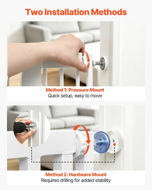 Alt view image 7 of 8 - VEVOR Extra Tall Pet Gate for Cats, 28-34 in Adjustable Width, 78.7 in High Dog Gate, with Pressure Mount Kit and Wall Mount Kit, 1.2 in Narrow Bar Spacing, for Stairs, Doorways, and House, White