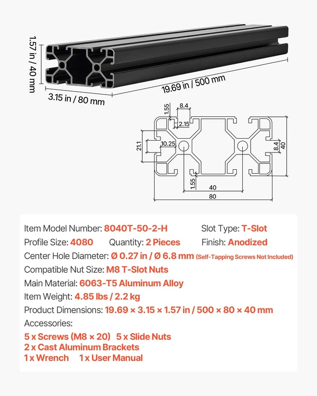 Alt view image 7 of 8 - VEVOR 2PCS 4080 Aluminum Extrusion Profile, 19.69 Inch 500 mm, T Slot European Standard Anodized Linear Rail, High-Strength Extruded Aluminum Rail, for 3D Printer Parts and CNC DIY Workbench, Black
