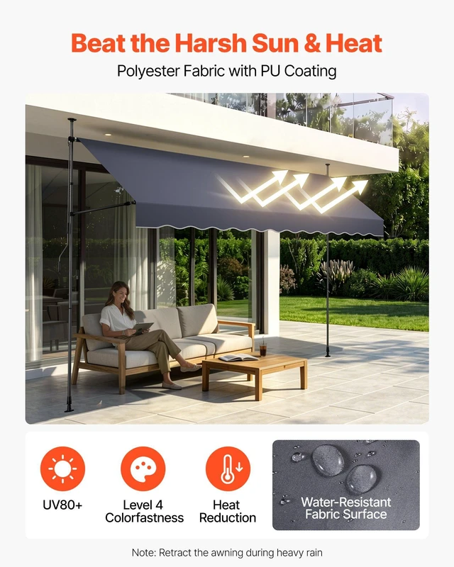 Alt view image 3 of 8 - VEVOR Manual Retractable Awning, 138" Outdoor Retractable Patio Awning Sunshade Shelter, Height Adjustable Patio Door Window Canopy with Manual Crank Handle for Backyard, Garden, Balcony, Dark Gray