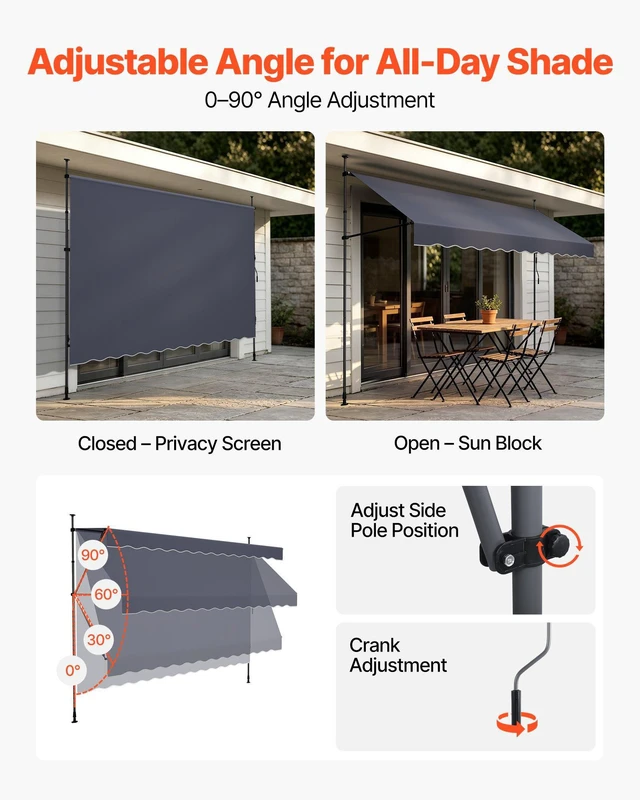 Alt view image 5 of 8 - VEVOR Manual Retractable Awning, 138" Outdoor Retractable Patio Awning Sunshade Shelter, Height Adjustable Patio Door Window Canopy with Manual Crank Handle for Backyard, Garden, Balcony, Dark Gray