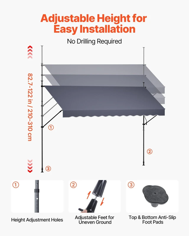 Alt view image 7 of 8 - VEVOR Manual Retractable Awning, 138" Outdoor Retractable Patio Awning Sunshade Shelter, Height Adjustable Patio Door Window Canopy with Manual Crank Handle for Backyard, Garden, Balcony, Dark Gray