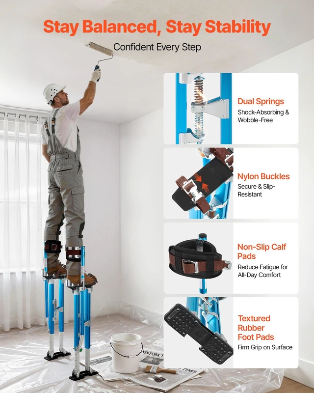 Alt view image 2 of 8 - VEVOR Drywall Stilts, 24.240.3 Inch Adjustable Aluminum Painter Stilts, 228 lbs Load Capacity, Non-Slip Rubber Feet, Dual Spring Shock Absorption, Comfortable Leg Straps for Painting, Decoration,Blue