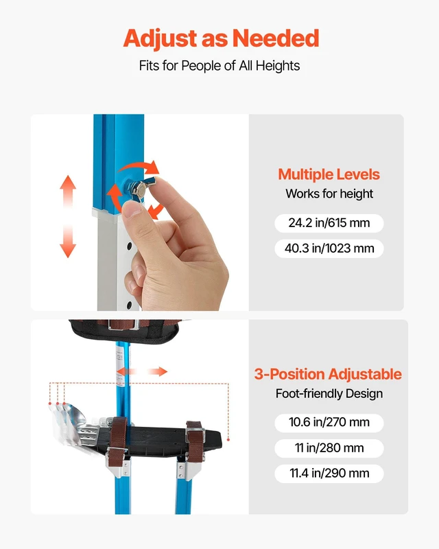 Alt view image 4 of 8 - VEVOR Drywall Stilts, 24.240.3 Inch Adjustable Aluminum Painter Stilts, 228 lbs Load Capacity, Non-Slip Rubber Feet, Dual Spring Shock Absorption, Comfortable Leg Straps for Painting, Decoration,Blue