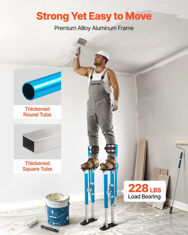 Alt view image 5 of 8 - VEVOR Drywall Stilts, 24.240.3 Inch Adjustable Aluminum Painter Stilts, 228 lbs Load Capacity, Non-Slip Rubber Feet, Dual Spring Shock Absorption, Comfortable Leg Straps for Painting, Decoration,Blue
