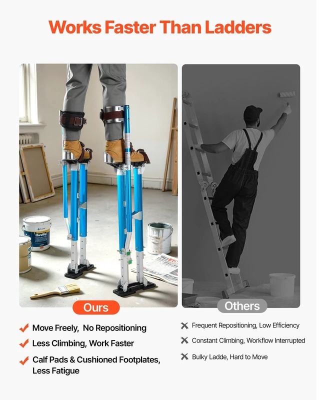 Alt view image 6 of 8 - VEVOR Drywall Stilts, 24.240.3 Inch Adjustable Aluminum Painter Stilts, 228 lbs Load Capacity, Non-Slip Rubber Feet, Dual Spring Shock Absorption, Comfortable Leg Straps for Painting, Decoration,Blue