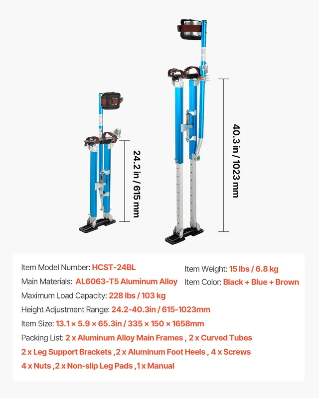Alt view image 7 of 8 - VEVOR Drywall Stilts, 24.240.3 Inch Adjustable Aluminum Painter Stilts, 228 lbs Load Capacity, Non-Slip Rubber Feet, Dual Spring Shock Absorption, Comfortable Leg Straps for Painting, Decoration,Blue