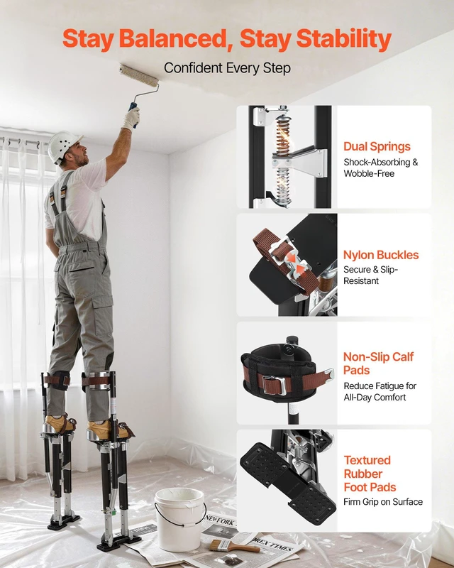 Alt view image 2 of 8 - VEVOR Drywall Stilts, 19.131.1 in Adjustable Aluminum Painter Stilts, 228 lbs Load Capacity, Non-Slip Rubber Feet, Dual Spring Shock Absorption, Comfortable Leg Straps for Painting, Decoration, Black