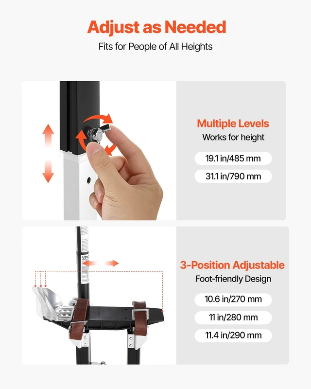 Alt view image 4 of 8 - VEVOR Drywall Stilts, 19.131.1 in Adjustable Aluminum Painter Stilts, 228 lbs Load Capacity, Non-Slip Rubber Feet, Dual Spring Shock Absorption, Comfortable Leg Straps for Painting, Decoration, Black