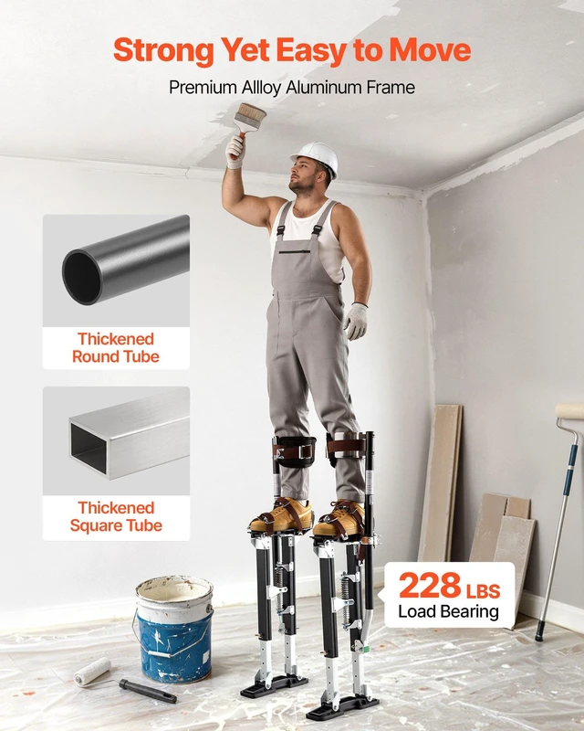 Alt view image 5 of 8 - VEVOR Drywall Stilts, 19.131.1 in Adjustable Aluminum Painter Stilts, 228 lbs Load Capacity, Non-Slip Rubber Feet, Dual Spring Shock Absorption, Comfortable Leg Straps for Painting, Decoration, Black