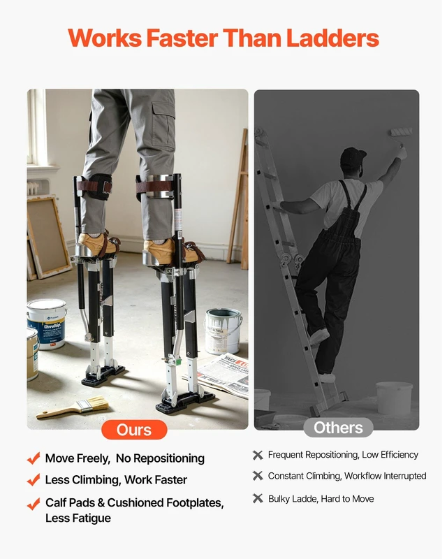 Alt view image 6 of 8 - VEVOR Drywall Stilts, 19.131.1 in Adjustable Aluminum Painter Stilts, 228 lbs Load Capacity, Non-Slip Rubber Feet, Dual Spring Shock Absorption, Comfortable Leg Straps for Painting, Decoration, Black