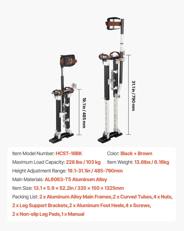 Alt view image 7 of 8 - VEVOR Drywall Stilts, 19.131.1 in Adjustable Aluminum Painter Stilts, 228 lbs Load Capacity, Non-Slip Rubber Feet, Dual Spring Shock Absorption, Comfortable Leg Straps for Painting, Decoration, Black