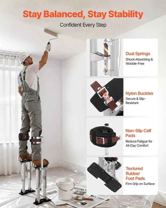 Alt view image 2 of 8 - VEVOR Drywall Stilts, 16.124.1 in Adjustable Aluminum Painter Stilts, 228 lbs Load Capacity, Non-Slip Rubber Feet, Dual Spring Shock Absorption, Comfortable Leg Straps for Painting, Decoration,Silver