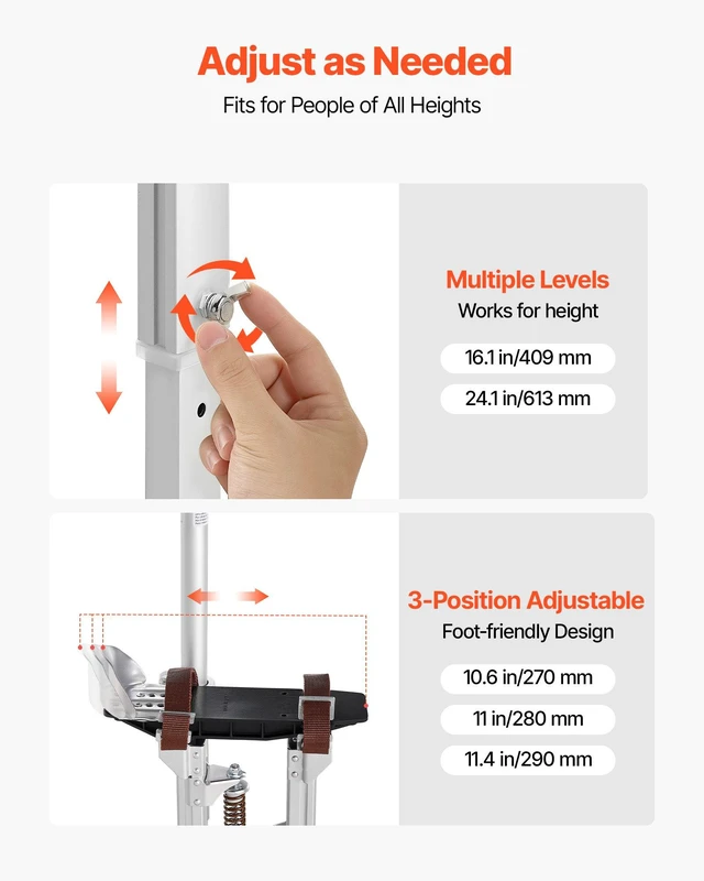 Alt view image 4 of 8 - VEVOR Drywall Stilts, 16.124.1 in Adjustable Aluminum Painter Stilts, 228 lbs Load Capacity, Non-Slip Rubber Feet, Dual Spring Shock Absorption, Comfortable Leg Straps for Painting, Decoration,Silver