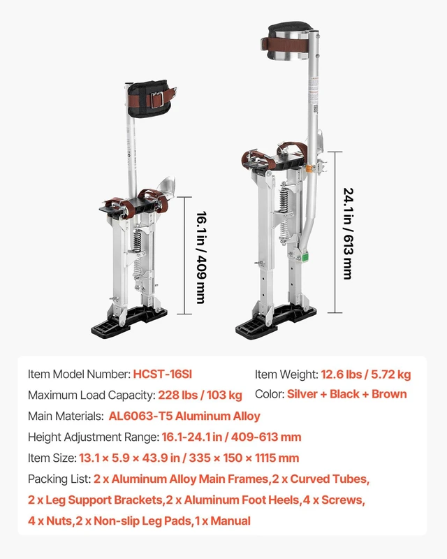 Alt view image 7 of 8 - VEVOR Drywall Stilts, 16.124.1 in Adjustable Aluminum Painter Stilts, 228 lbs Load Capacity, Non-Slip Rubber Feet, Dual Spring Shock Absorption, Comfortable Leg Straps for Painting, Decoration,Silver