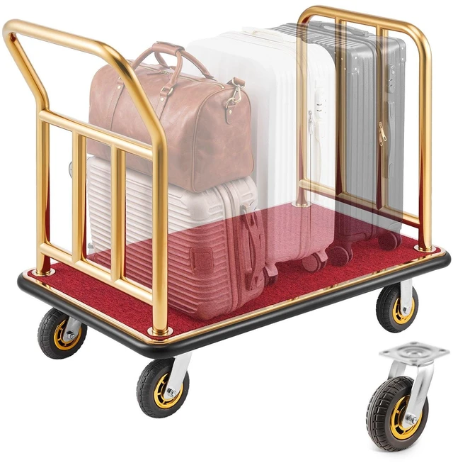 Main image of VEVOR Hotel Luggage Cart, 750 lbs Heavy Duty Bellman Cart with Stainless Steel Frame, 6 in Rubber Wheels, Red Carpeted Deck, Commercial Luggage Carrier Rolling Trolley for Hotels, Resorts, Gold