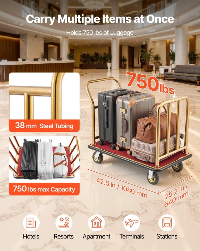Alt view image 2 of 8 - VEVOR Hotel Luggage Cart, 750 lbs Heavy Duty Bellman Cart with Stainless Steel Frame, 6 in Rubber Wheels, Red Carpeted Deck, Commercial Luggage Carrier Rolling Trolley for Hotels, Resorts, Gold