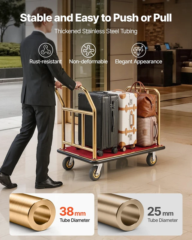 Alt view image 5 of 8 - VEVOR Hotel Luggage Cart, 750 lbs Heavy Duty Bellman Cart with Stainless Steel Frame, 6 in Rubber Wheels, Red Carpeted Deck, Commercial Luggage Carrier Rolling Trolley for Hotels, Resorts, Gold