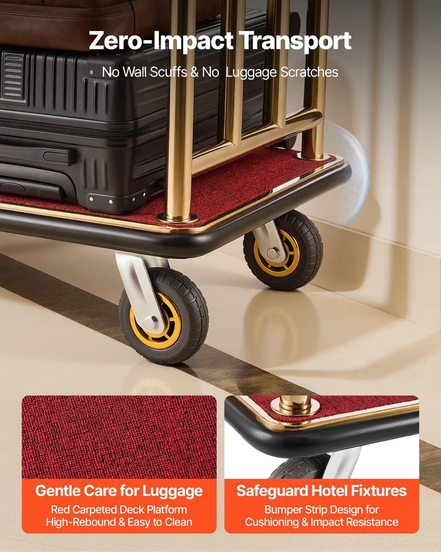 Alt view image 6 of 8 - VEVOR Hotel Luggage Cart, 750 lbs Heavy Duty Bellman Cart with Stainless Steel Frame, 6 in Rubber Wheels, Red Carpeted Deck, Commercial Luggage Carrier Rolling Trolley for Hotels, Resorts, Gold