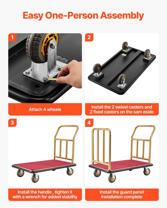 Alt view image 7 of 8 - VEVOR Hotel Luggage Cart, 750 lbs Heavy Duty Bellman Cart with Stainless Steel Frame, 6 in Rubber Wheels, Red Carpeted Deck, Commercial Luggage Carrier Rolling Trolley for Hotels, Resorts, Gold