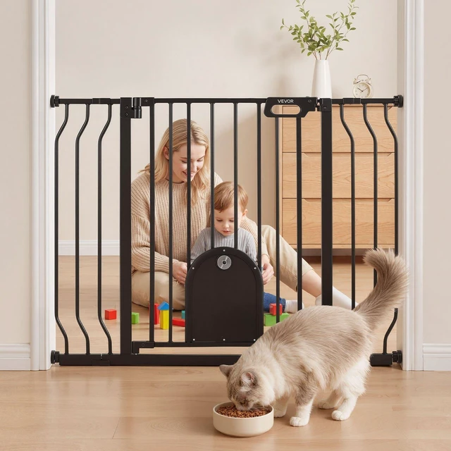 Main image of VEVOR Baby Gate for Stairs, 29.5-43 in Adjustable Width, Baby Gate with Adjustable Cat Door, with Pressure Mount Kit and Wall Mount Kit, Secure Metal Pet Door for Stairs, Doorways, and House, Black