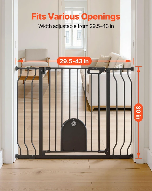 Alt view image 3 of 8 - VEVOR Baby Gate for Stairs, 29.5-43 in Adjustable Width, Baby Gate with Adjustable Cat Door, with Pressure Mount Kit and Wall Mount Kit, Secure Metal Pet Door for Stairs, Doorways, and House, Black