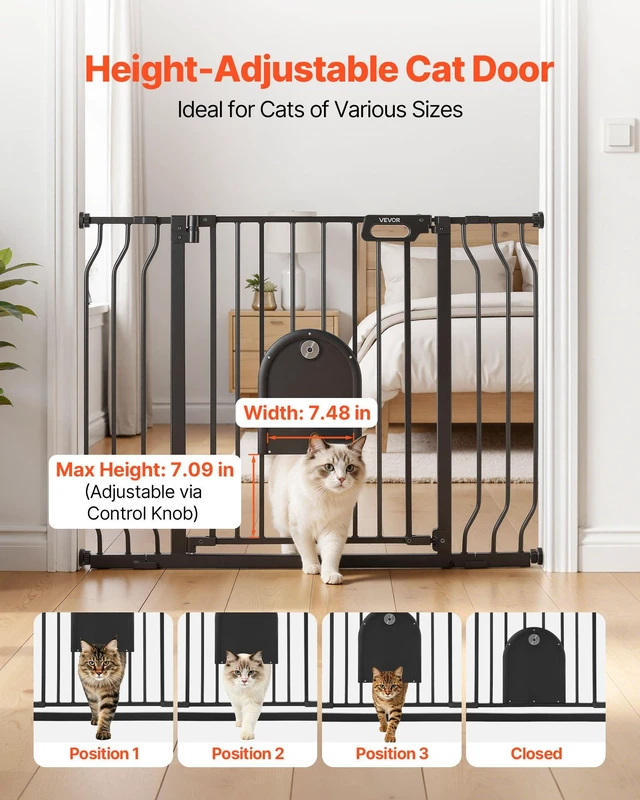Alt view image 2 of 8 - VEVOR Baby Gate for Stairs, 29.5-43 in Adjustable Width, Baby Gate with Adjustable Cat Door, with Pressure Mount Kit and Wall Mount Kit, Secure Metal Pet Door for Stairs, Doorways, and House, Black