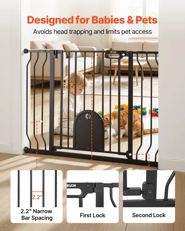 Alt view image 4 of 8 - VEVOR Baby Gate for Stairs, 29.5-43 in Adjustable Width, Baby Gate with Adjustable Cat Door, with Pressure Mount Kit and Wall Mount Kit, Secure Metal Pet Door for Stairs, Doorways, and House, Black