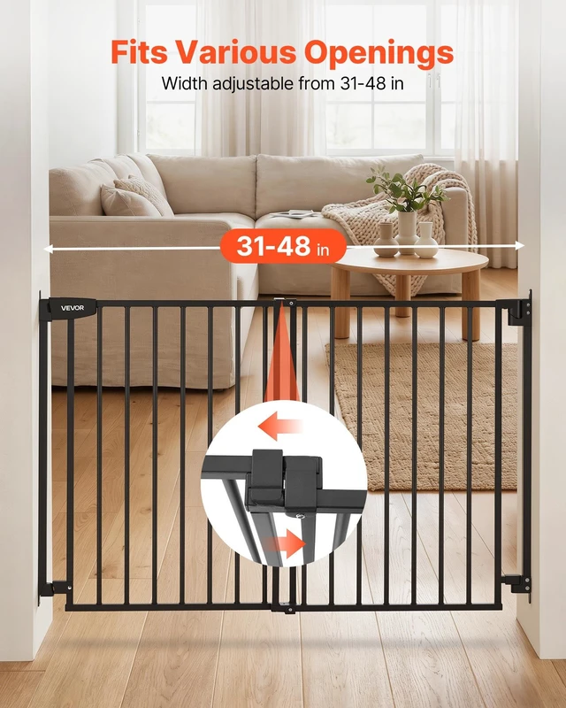 Alt view image 3 of 8 - VEVOR Baby Gate for Stairs, 31-48 in Adjustable Width, 30 in High Dog Gate, No Bottom Bar, One-Handed Operation, Easy Drilling Installation with Hardware Kit, for Stairs, Doorways, and House, Black